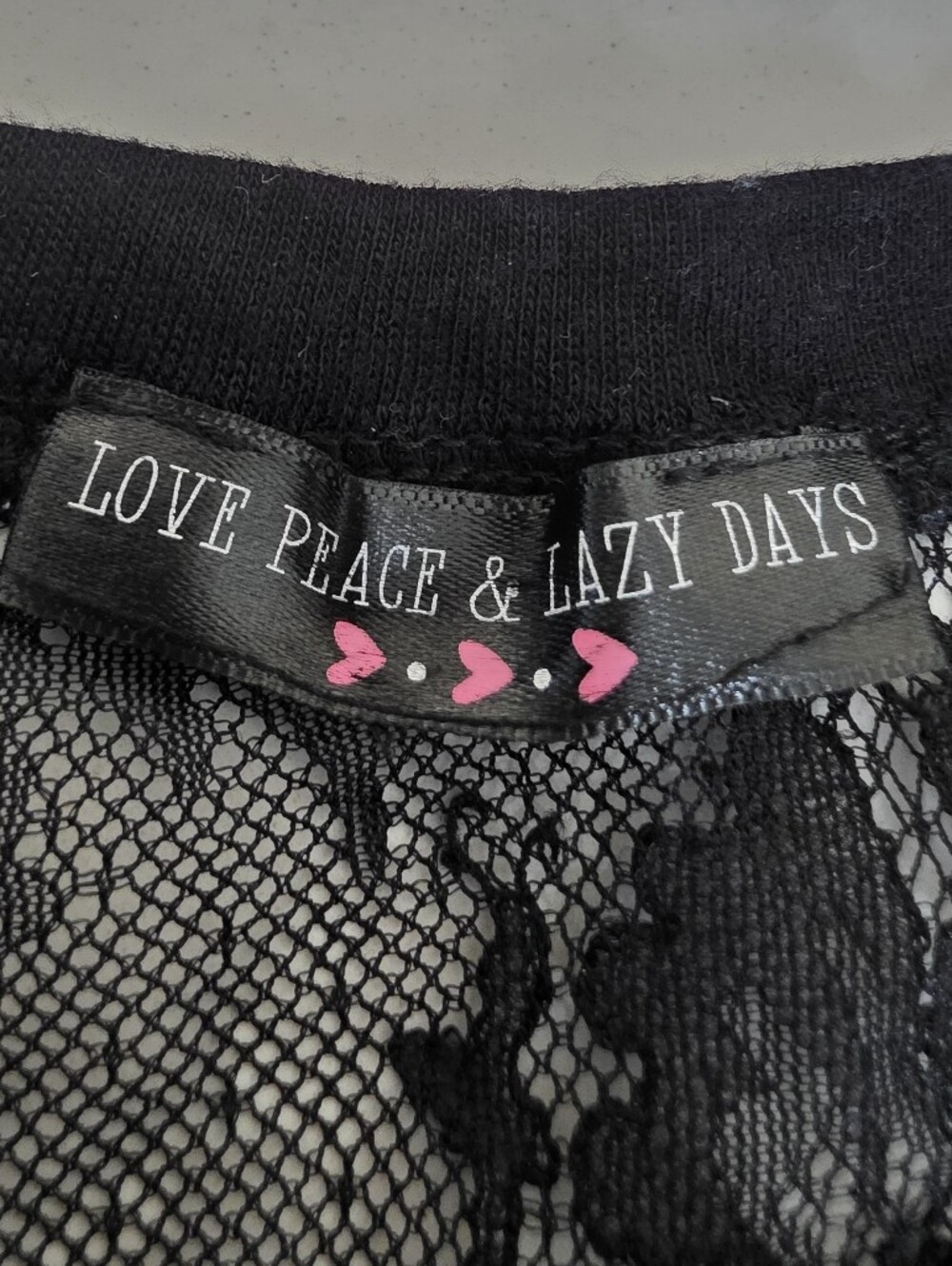 Love Peace & Lazy Days Black Lace Sheer Short Sleeve Top Size Medium - Picture 2 of 9